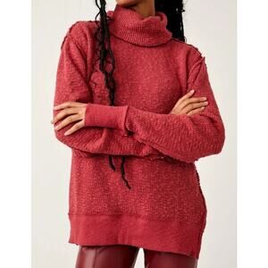 Free People We The Free Waffle Knit Turtleneck Sweater Side Slit Muted Red XS